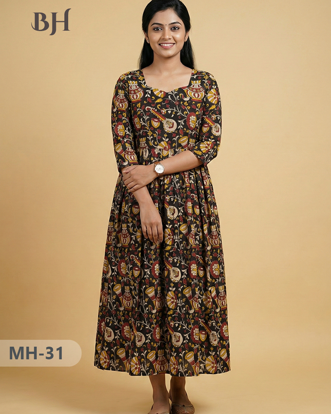 Kalamkari Design Frock – Black Colour | Handloom Ethnic Wear with Half Lining