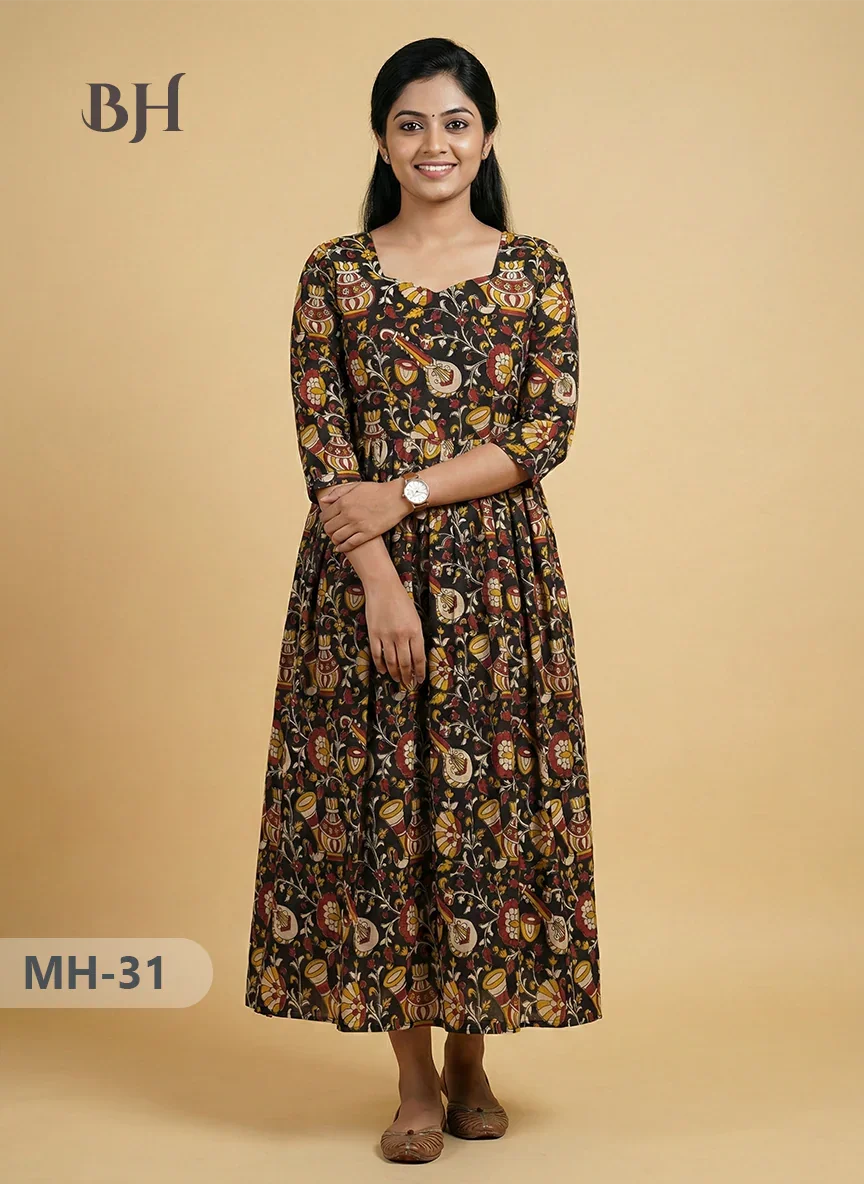 Kalamkari Design Frock – Black Colour | Handloom Ethnic Wear with Half Lining