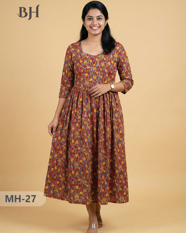 Kalamkari Design Frock – Red Colour | Handloom Ethnic Wear with Half Lining