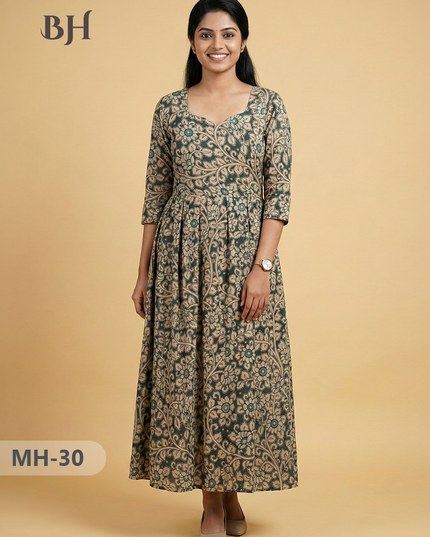 Kalamkari Design Frock – Sea Green Colour | Handloom Ethnic Wear with Half Lining