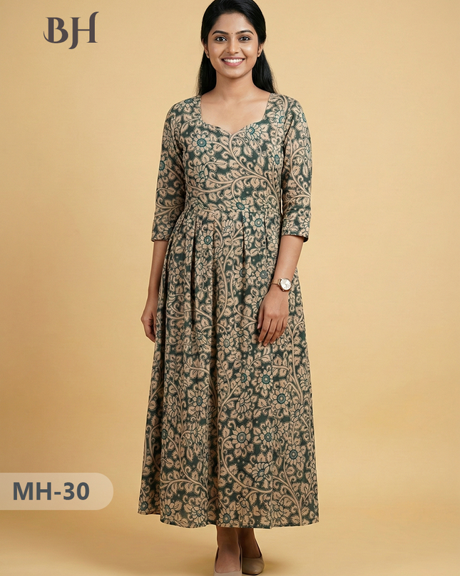 Kalamkari Design Frock – Sea Green Colour | Handloom Ethnic Wear with Half Lining