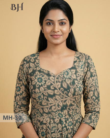 Kalamkari Design Frock – Sea Green Colour | Handloom Ethnic Wear with Half Lining