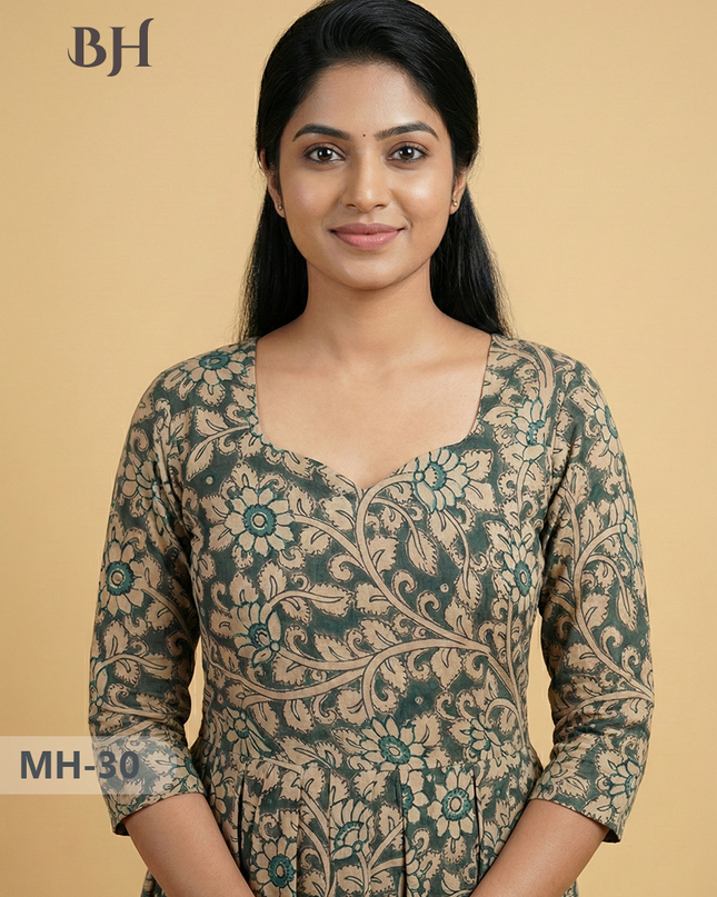 Kalamkari Design Frock – Sea Green Colour | Handloom Ethnic Wear with Half Lining