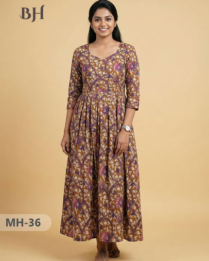 Kalamkari Design Frock – Brown Colour | Handloom Ethnic Wear with Half Lining