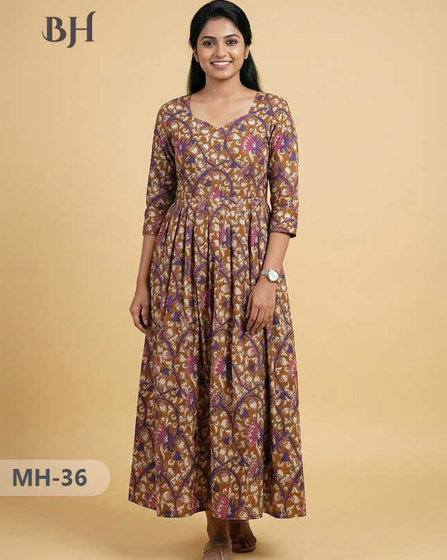 Kalamkari Design Frock – Brown Colour | Handloom Ethnic Wear with Half Lining
