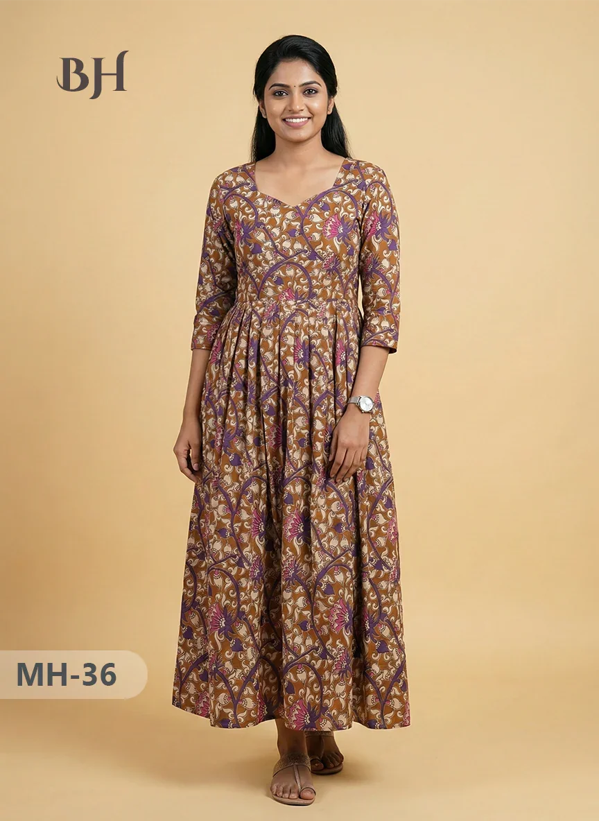 Kalamkari Design Frock – Brown Colour | Handloom Ethnic Wear with Half Lining
