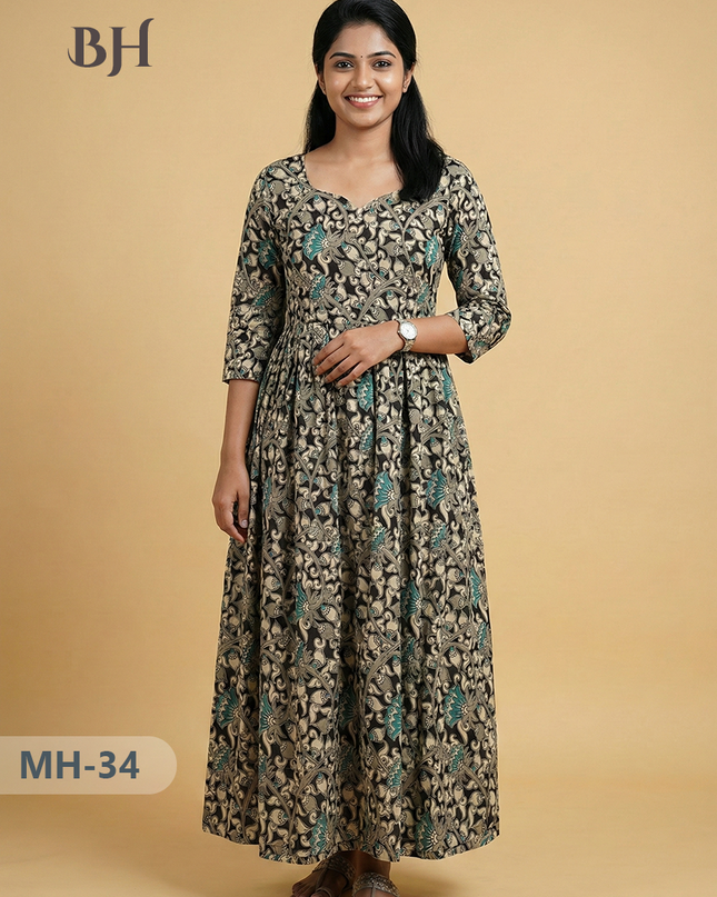 Kalamkari Design Frock – Black Colour | Handloom Ethnic Wear with Half Lining