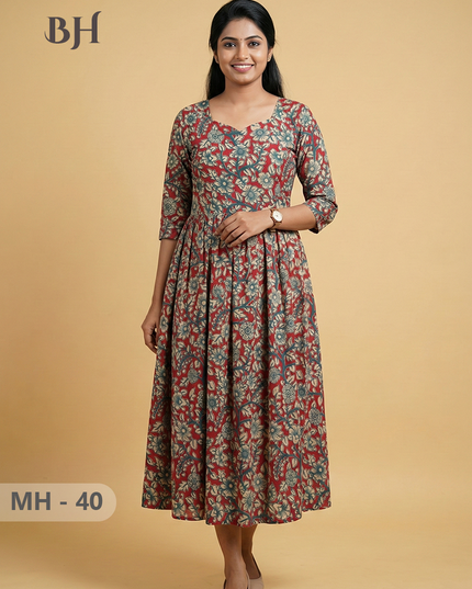 Kalamkari Design Frock – Red Colour | Handloom Ethnic Wear with Half Lining
