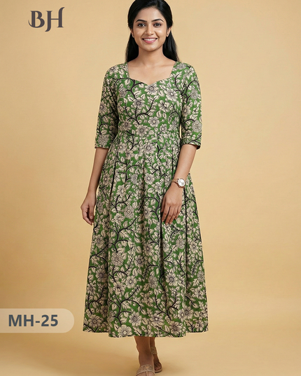 Kalamkari Design Frock – Green Colour | Handloom Ethnic Wear with Half Lining