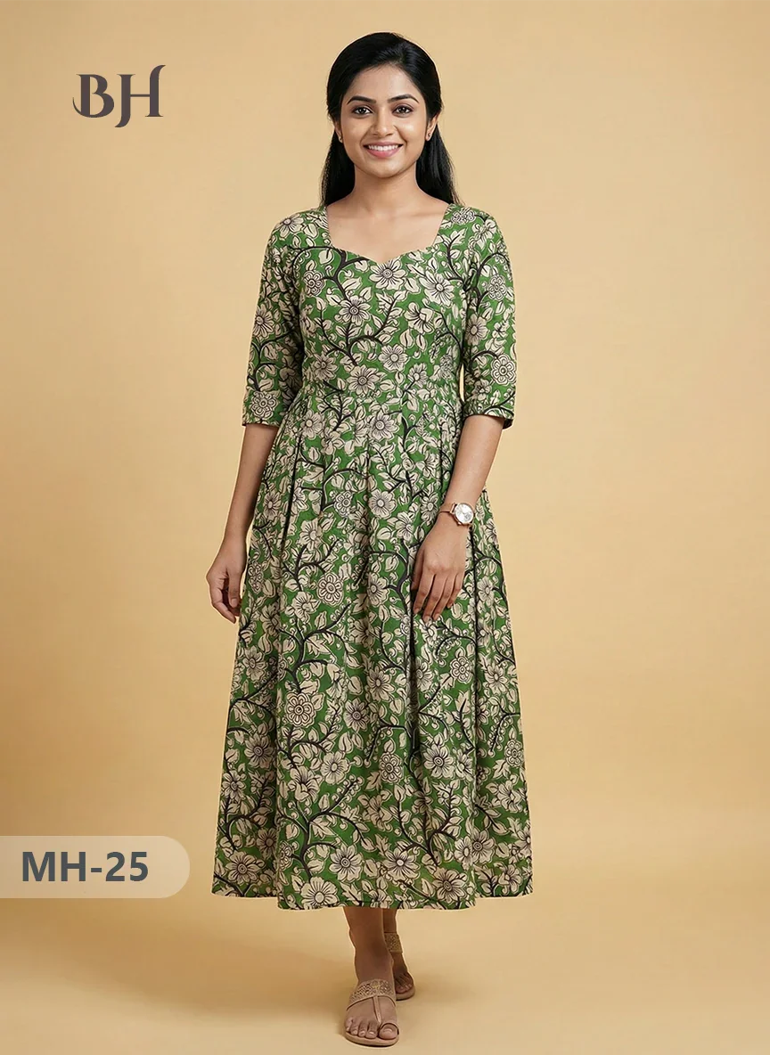 Kalamkari Design Frock – Green Colour | Handloom Ethnic Wear with Half Lining