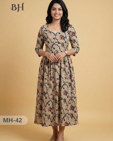Kalamkari Design Frock – Half White Colour | Handloom Ethnic Wear with Half Lining