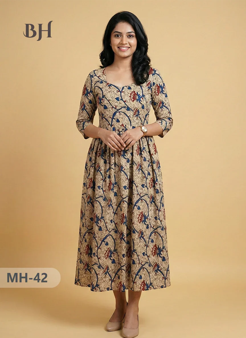Kalamkari Design Frock – Half White Colour | Handloom Ethnic Wear with Half Lining