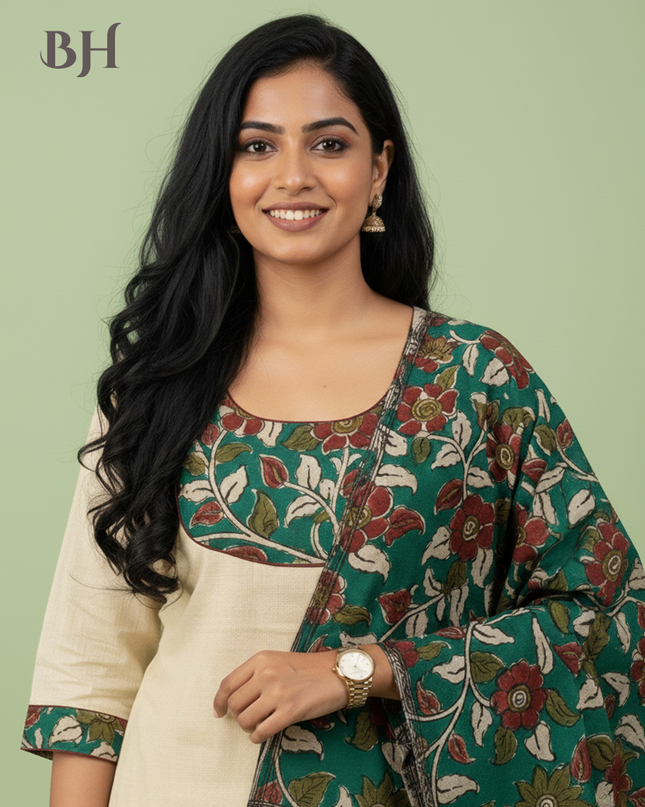 Kalamkari Cotton Readymade Straightcut Kurti Set with Cream Colour