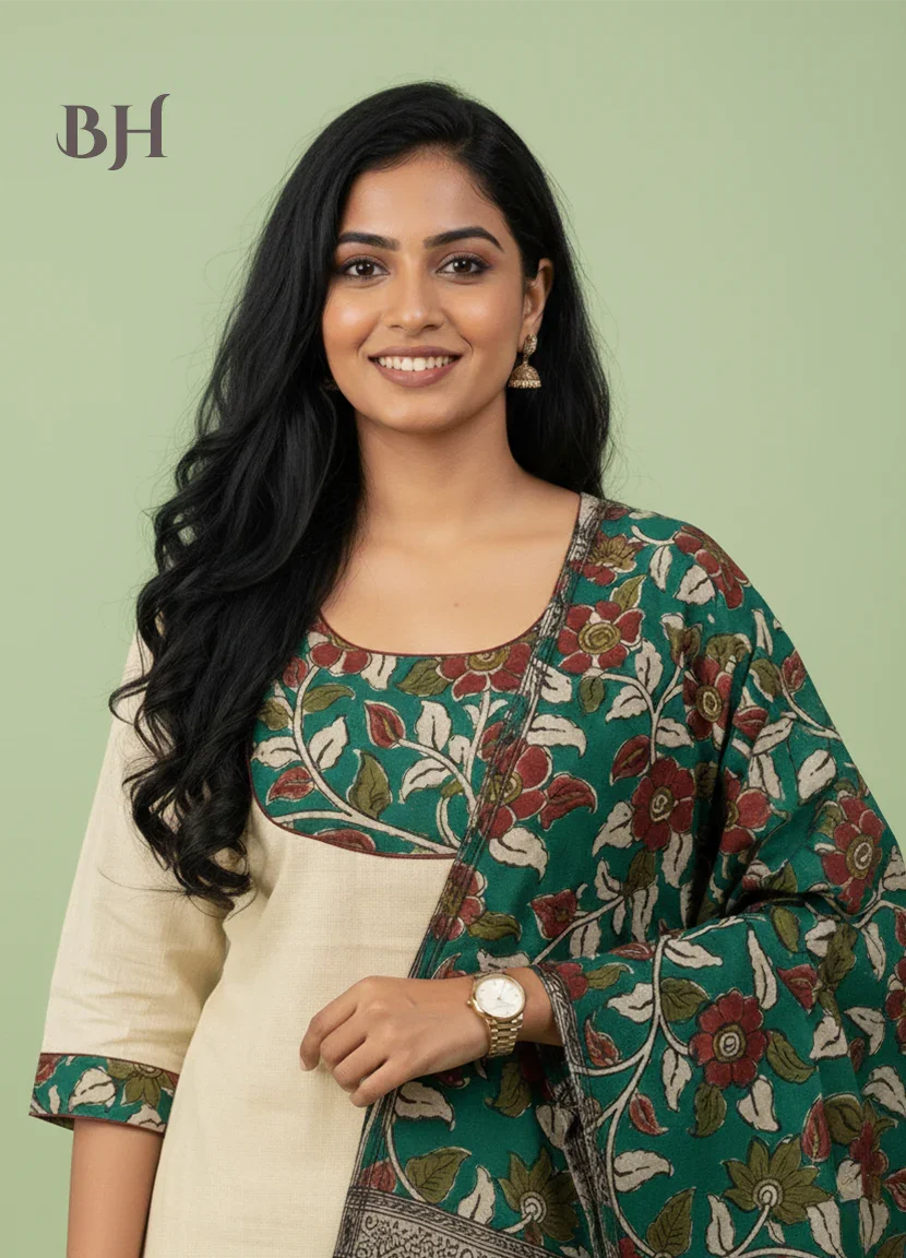 Kalamkari Cotton Readymade Straightcut Kurti Set with Cream Colour