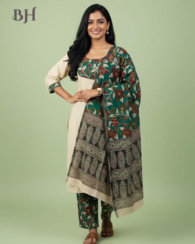 Kalamkari Cotton Readymade Straightcut Kurti Set with Cream Colour