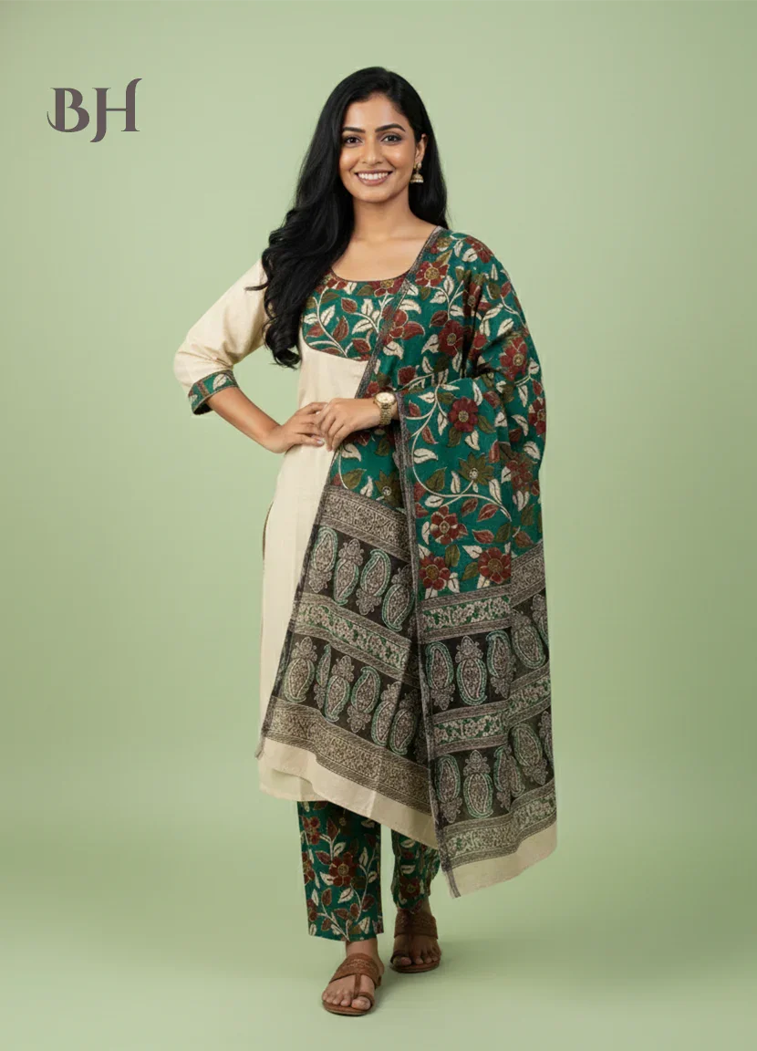 Kalamkari Cotton Readymade Straightcut Kurti Set with Cream Colour