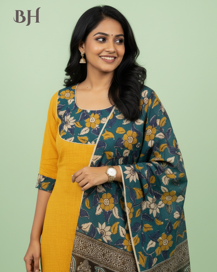 Kalamkari Cotton Readymade Straightcut Kurti Set with Yellow Colour