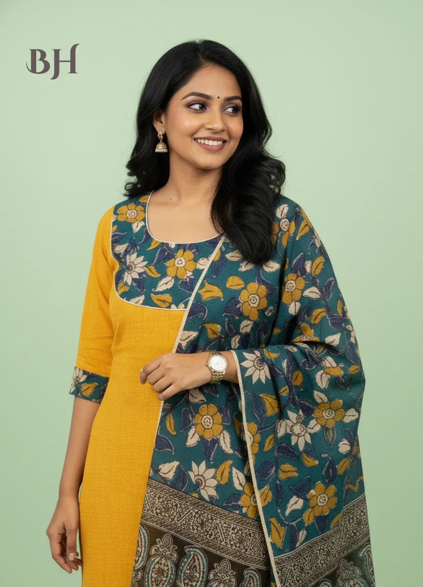 Kalamkari Cotton Readymade Straightcut Kurti Set with Yellow Colour