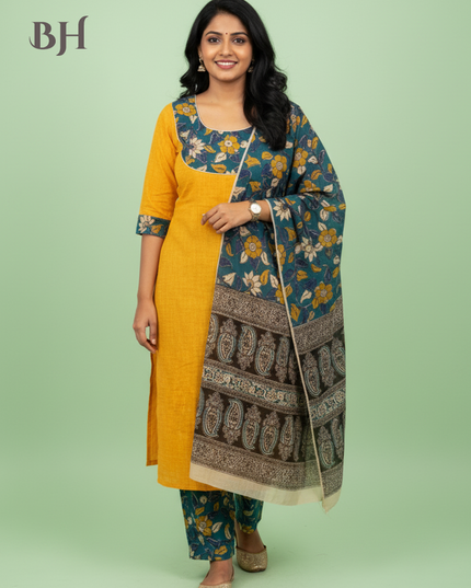 Kalamkari Cotton Readymade Straightcut Kurti Set with Yellow Colour