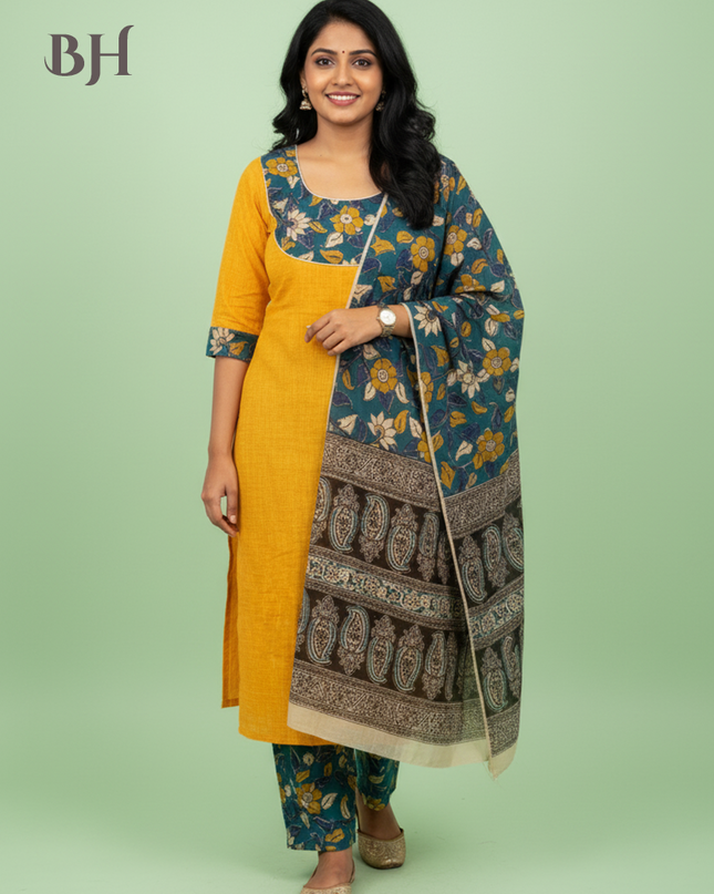 Kalamkari Cotton Readymade Straightcut Kurti Set with Yellow Colour