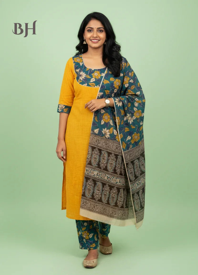 Kalamkari Cotton Readymade Straightcut Kurti Set with Yellow Colour
