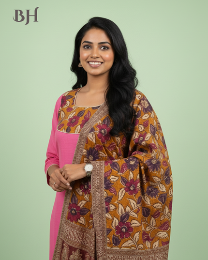 Kalamkari Cotton Readymade Straightcut Kurti Set with Rosy Pink Colour