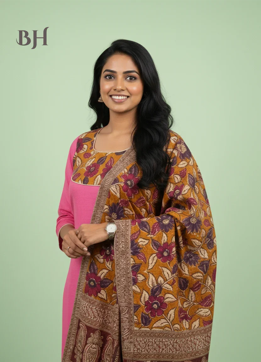 Kalamkari Cotton Readymade Straightcut Kurti Set with Rosy Pink Colour