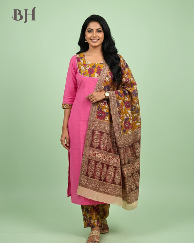 Kalamkari Cotton Readymade Straightcut Kurti Set with Rosy Pink Colour