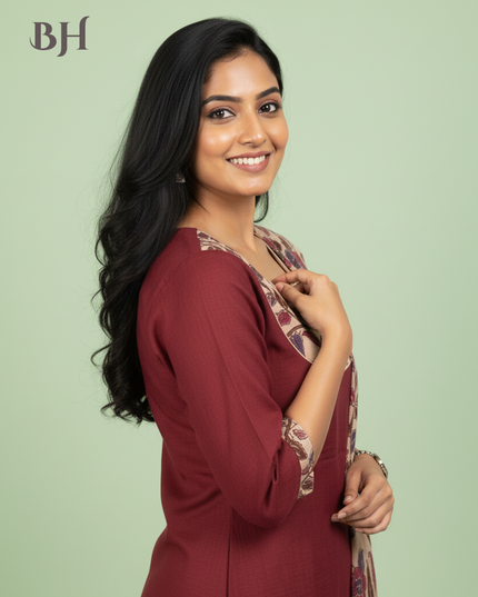 Kalamkari Cotton Readymade Straightcut Kurti Set with Cherry Wood Colour