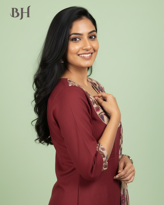 Kalamkari Cotton Readymade Straightcut Kurti Set with Cherry Wood Colour