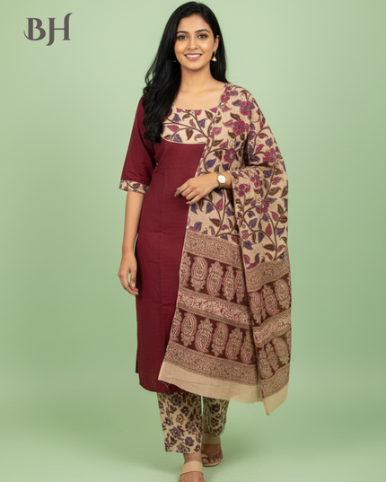 Kalamkari Cotton Readymade Straightcut Kurti Set with Cherry Wood Colour