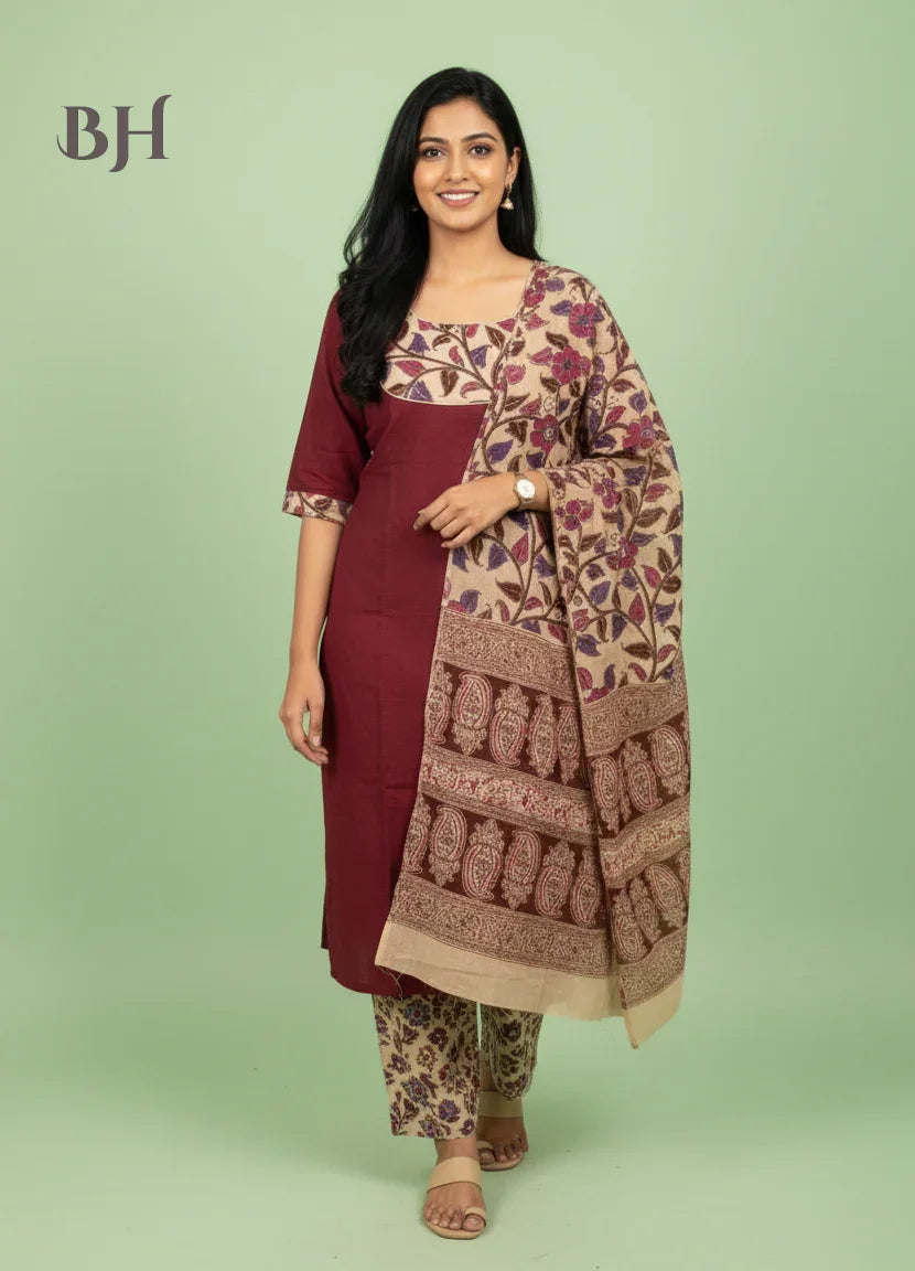 Kalamkari Cotton Readymade Straightcut Kurti Set with Cherry Wood Colour