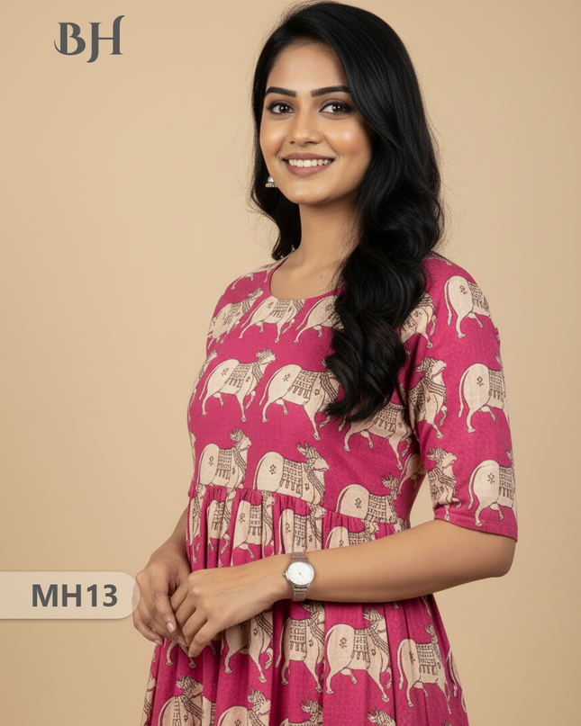 Kalamkari Pichwai Cow Design Frock – Pink Colour | Handloom Ethnic Wear with Half Lining
