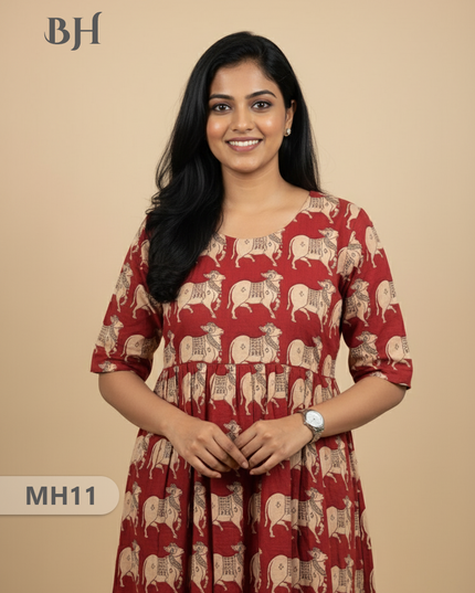 Kalamkari Pichwai Cow Design Frock – Red Colour | Handloom Ethnic Wear with Half Lining