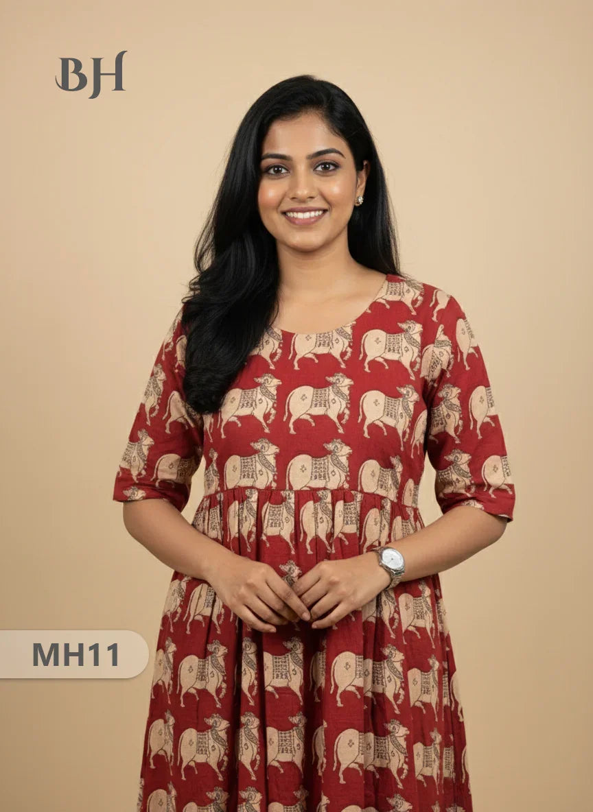 Kalamkari Pichwai Cow Design Frock – Red Colour | Handloom Ethnic Wear with Half Lining