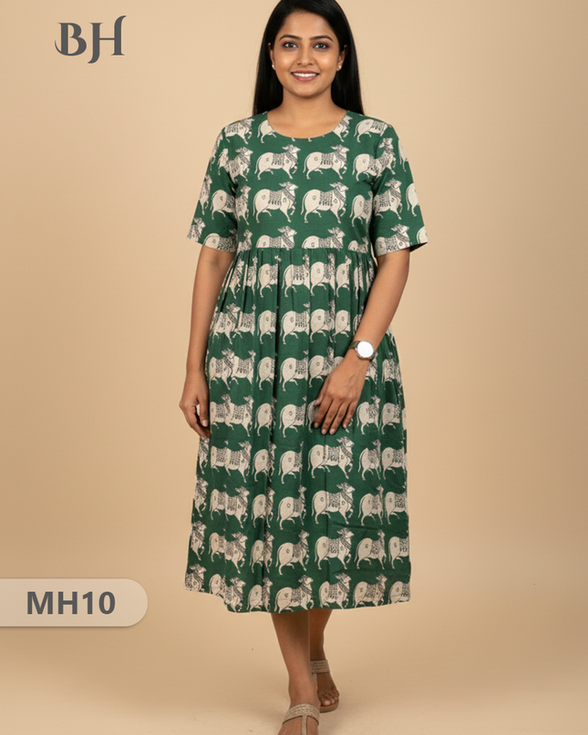 Kalamkari Pichwai Cow Design Frock – Green Colour | Handloom Ethnic Wear with Half Lining