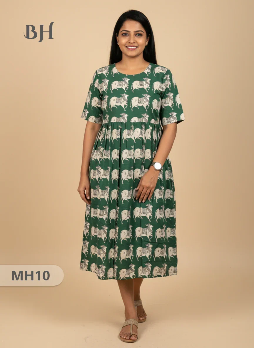 Kalamkari Pichwai Cow Design Frock – Green Colour | Handloom Ethnic Wear with Half Lining