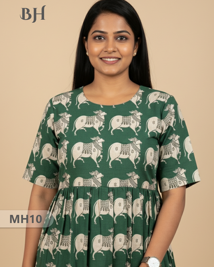 Kalamkari Pichwai Cow Design Frock – Green Colour | Handloom Ethnic Wear with Half Lining
