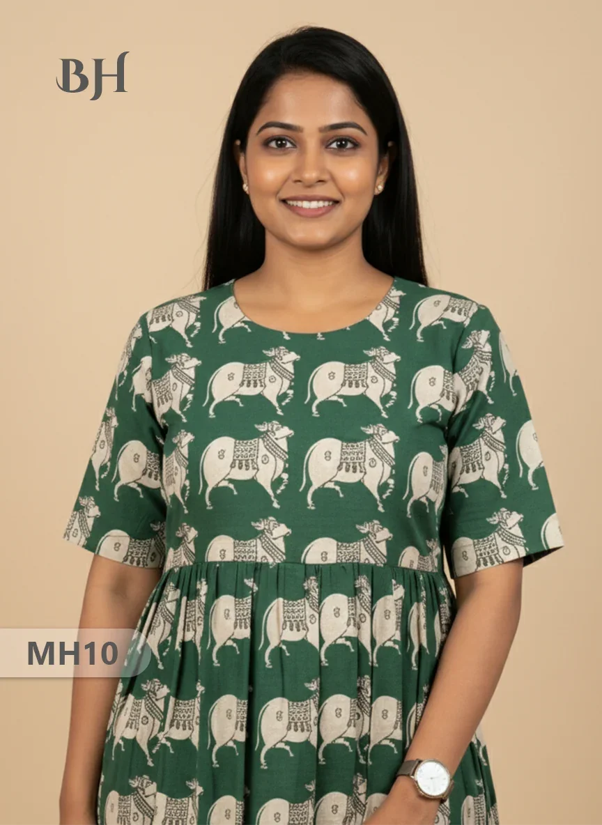 Kalamkari Pichwai Cow Design Frock – Green Colour | Handloom Ethnic Wear with Half Lining