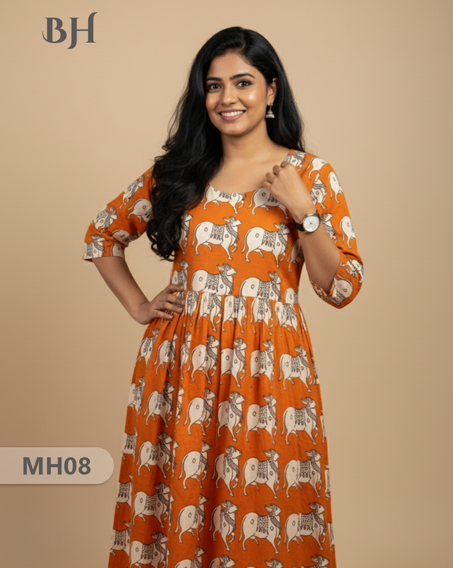 Kalamkari Pichwai Cow Design Frock – Orange Colour | Handloom Ethnic Wear with Half Lining