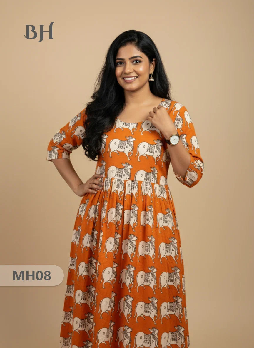 Kalamkari Pichwai Cow Design Frock – Orange Colour | Handloom Ethnic Wear with Half Lining