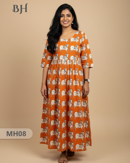 Kalamkari Pichwai Cow Design Frock – Orange Colour | Handloom Ethnic Wear with Half Lining