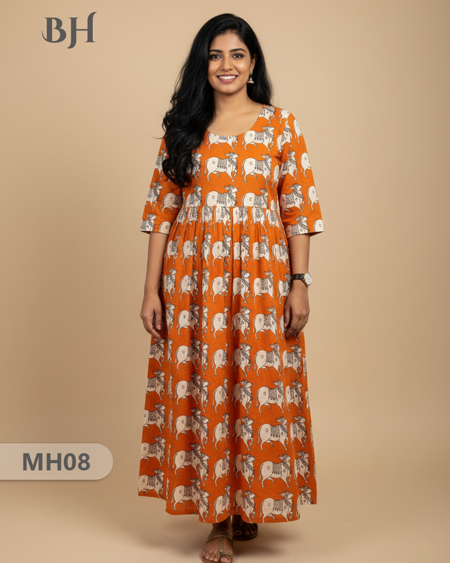 Kalamkari Pichwai Cow Design Frock – Orange Colour | Handloom Ethnic Wear with Half Lining