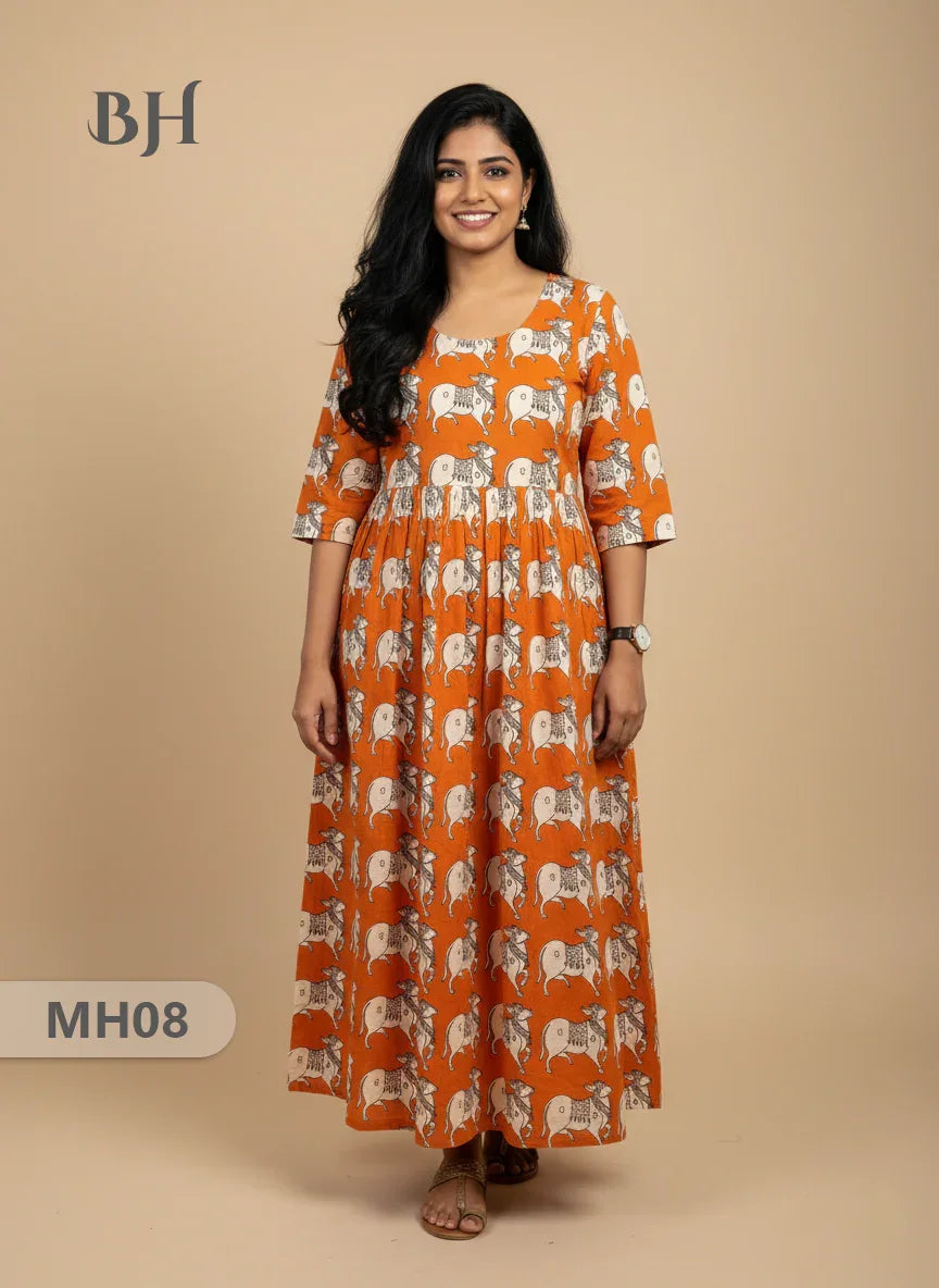 Kalamkari Pichwai Cow Design Frock – Orange Colour | Handloom Ethnic Wear with Half Lining