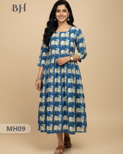 Kalamkari Pichwai Cow Design Frock – Blue Colour | Handloom Ethnic Wear with Half Lining