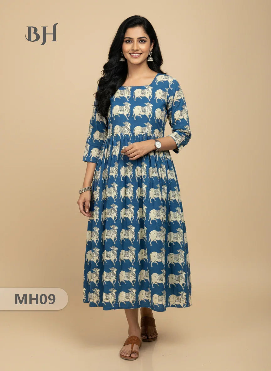 Kalamkari Pichwai Cow Design Frock – Blue Colour | Handloom Ethnic Wear with Half Lining
