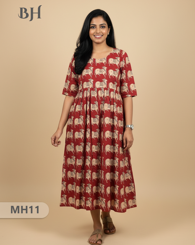 Kalamkari Pichwai Cow Design Frock – Red Colour | Handloom Ethnic Wear with Half Lining