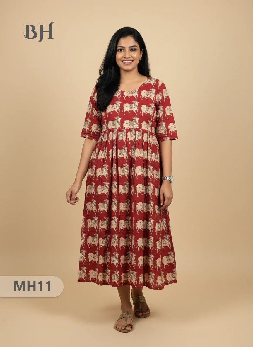 Kalamkari Pichwai Cow Design Frock – Red Colour | Handloom Ethnic Wear with Half Lining