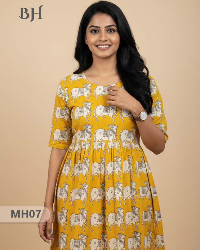 Kalamkari Pichwai Cow Design Frock – Yellow Colour | Handloom Ethnic Wear with Half Lining