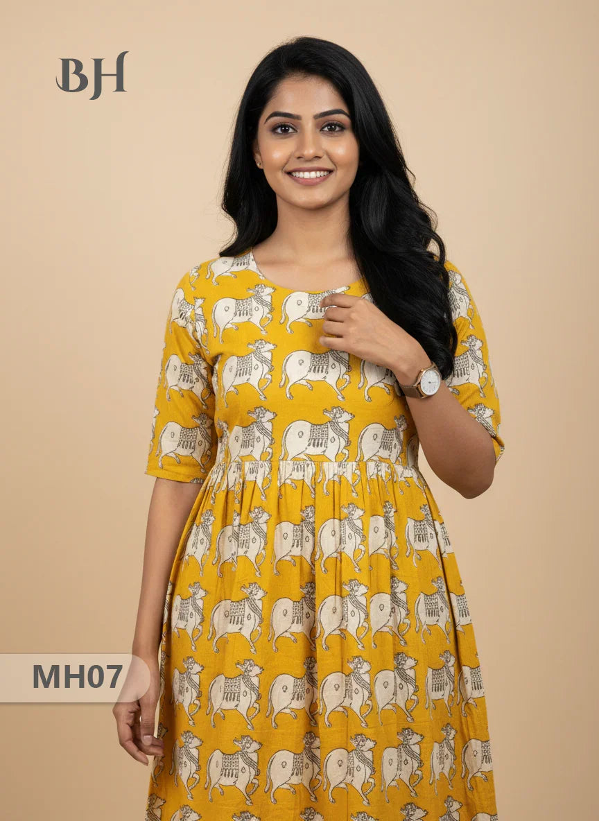 Kalamkari Pichwai Cow Design Frock – Yellow Colour | Handloom Ethnic Wear with Half Lining